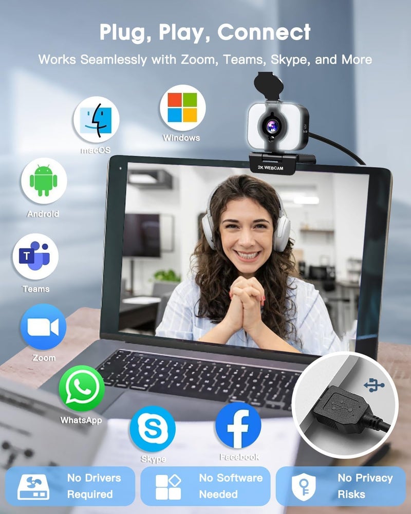 MELCAM 2K Webcam for PC, Web Camera with Microphone, Light, Privacy Cover, Plug and Play Autofocus USB Computer Camera for Laptop, Desktop, PC, Mac, Zoom, Skype, Meeting, Streaming(Black) - Image 5